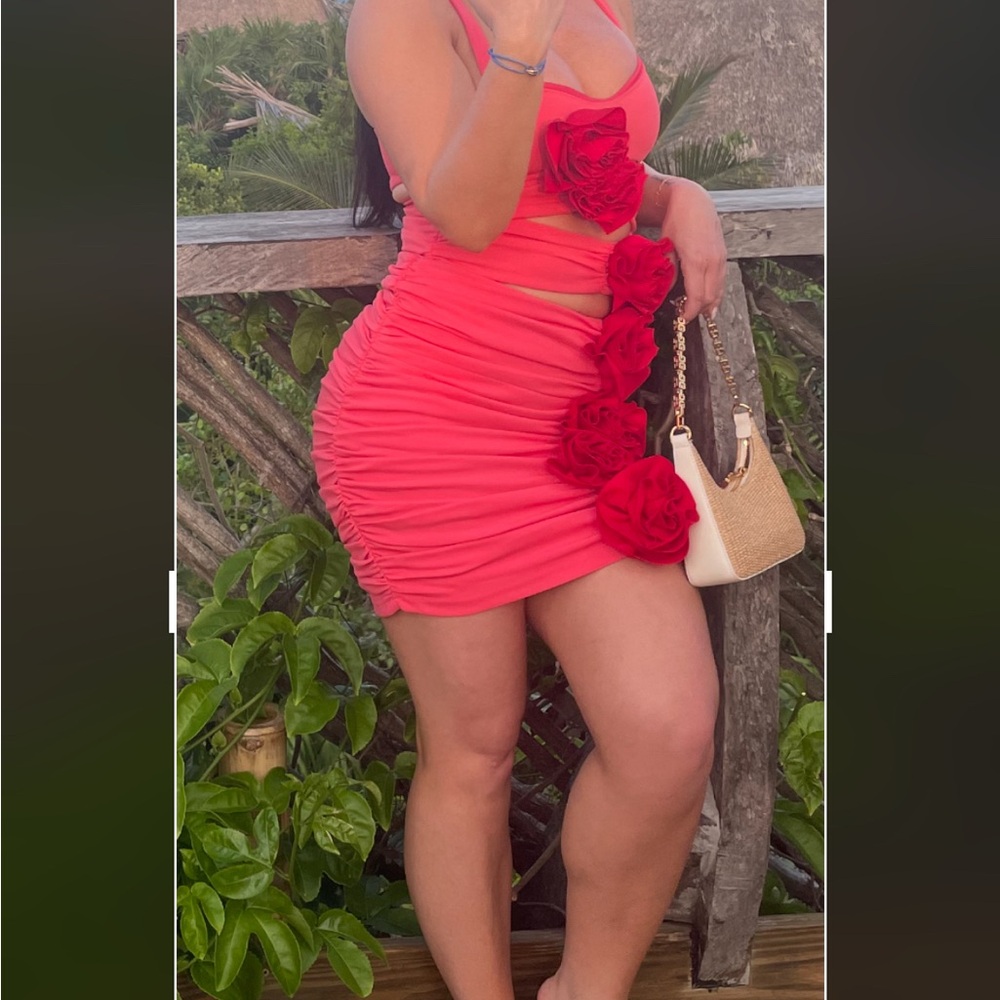 Vibrant Pink Two Piece Set with Red Floral Accents
